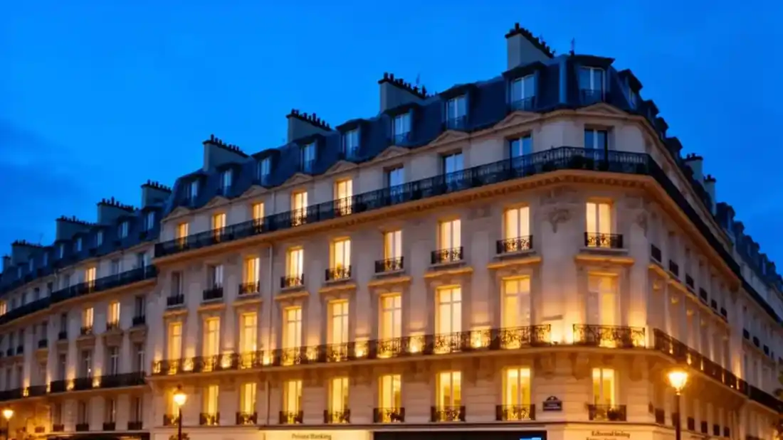 Façade haussmannienne d'un immeuble bancaire parisien