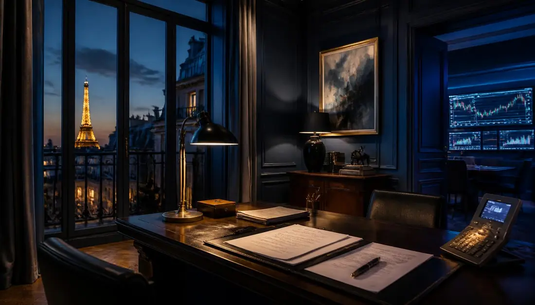 Bureau de gestion privée parisien au crépuscule